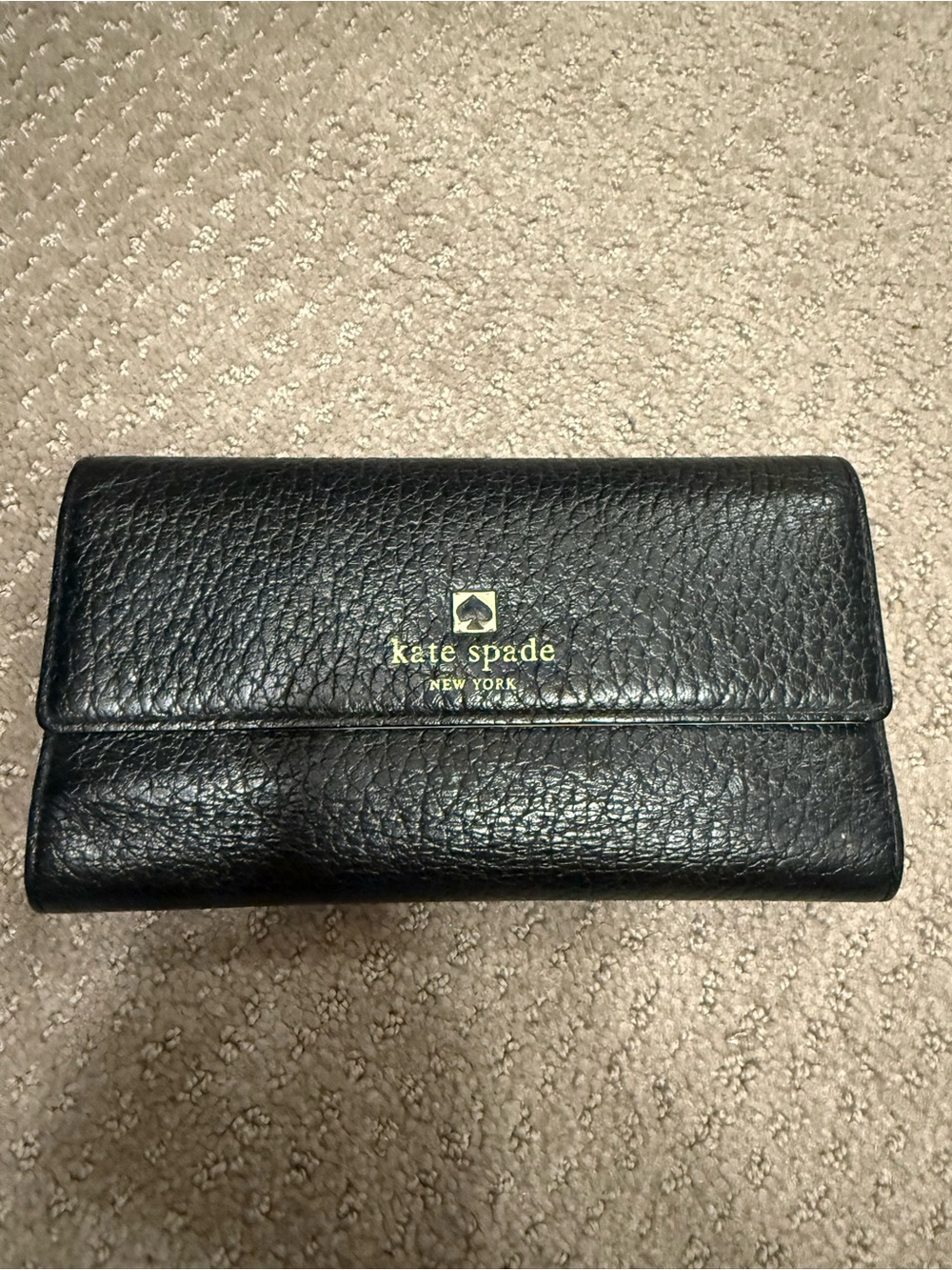kate spade Black Pebbled Leather Foldover Card & Key Holder with Gold Logo